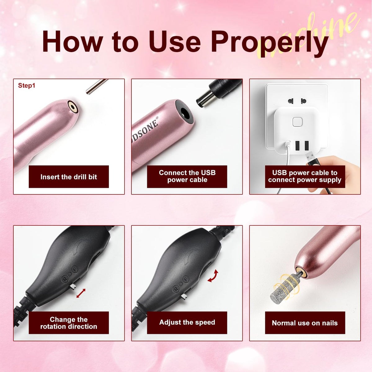 JODSONE DF102 USB Nail Drill Machine - 14000RPM Electric E-File for Acrylic Gel Nails - Pink Portable Manicure Pedicure Set - Damaged Box