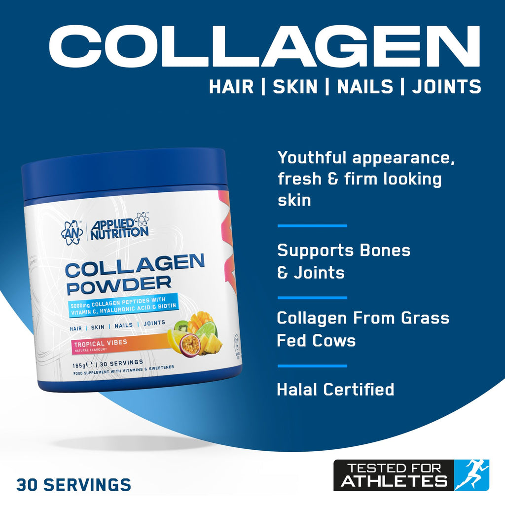Applied Nutrition Collagen Powder - 5000mg Hydrolysed Bovine Peptides, Vitamin C, Biotin, HA - Tropical Vibes 165g - 30 Servings - New - BBE 09/2026