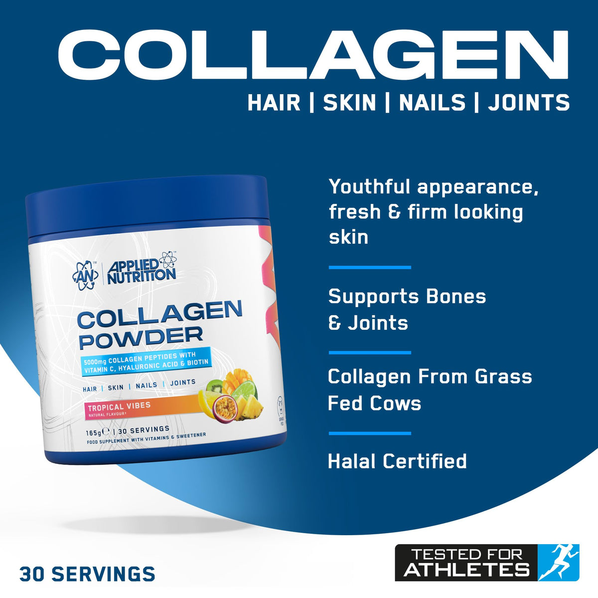 Applied Nutrition Collagen Powder - 5000mg Hydrolysed Bovine Peptides, Vitamin C, Biotin, HA - Tropical Vibes 165g - 30 Servings - New - BBE 09/2026