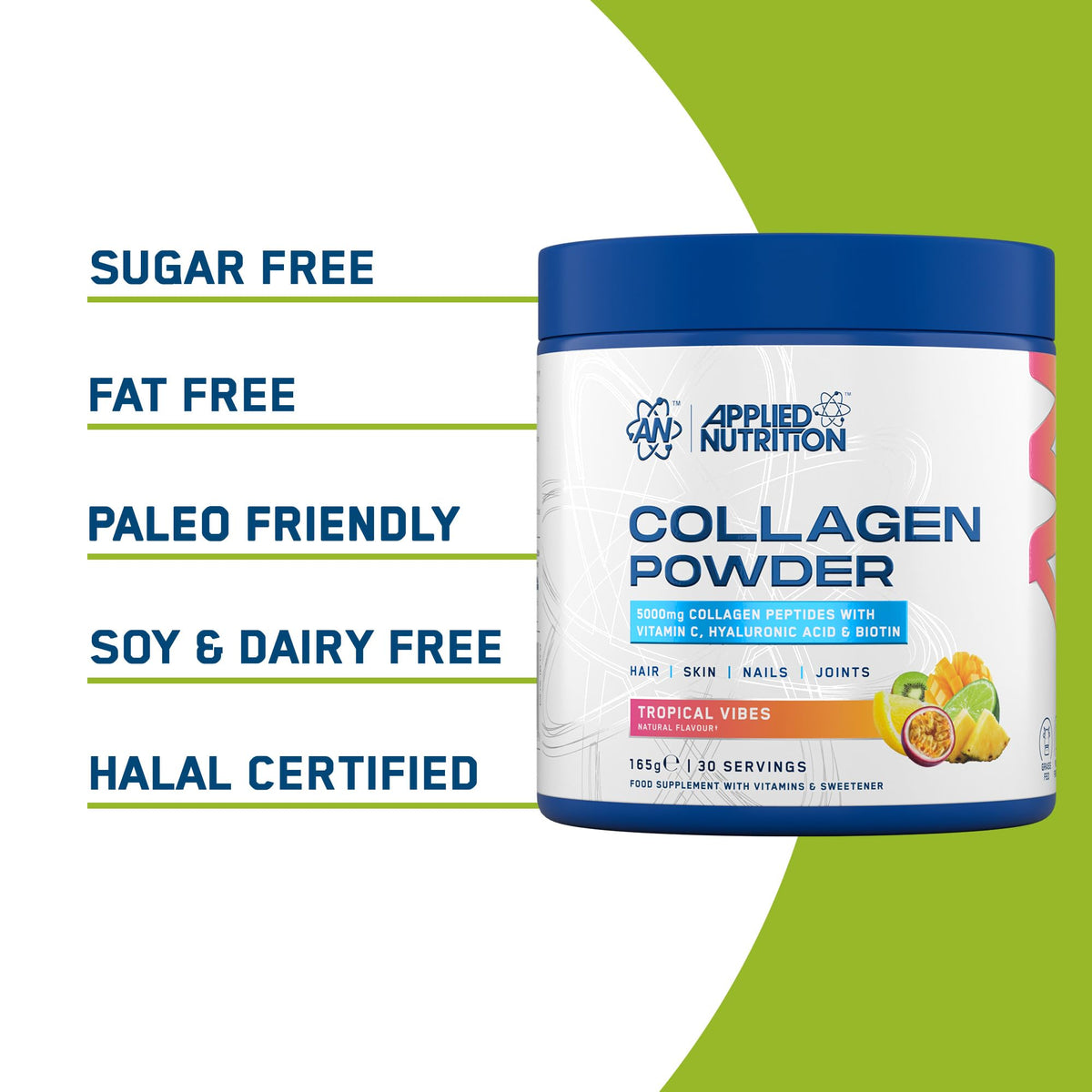 Applied Nutrition Collagen Powder - 5000mg Hydrolysed Bovine Peptides, Vitamin C, Biotin, HA - Tropical Vibes 165g - 30 Servings - New - BBE 09/2026