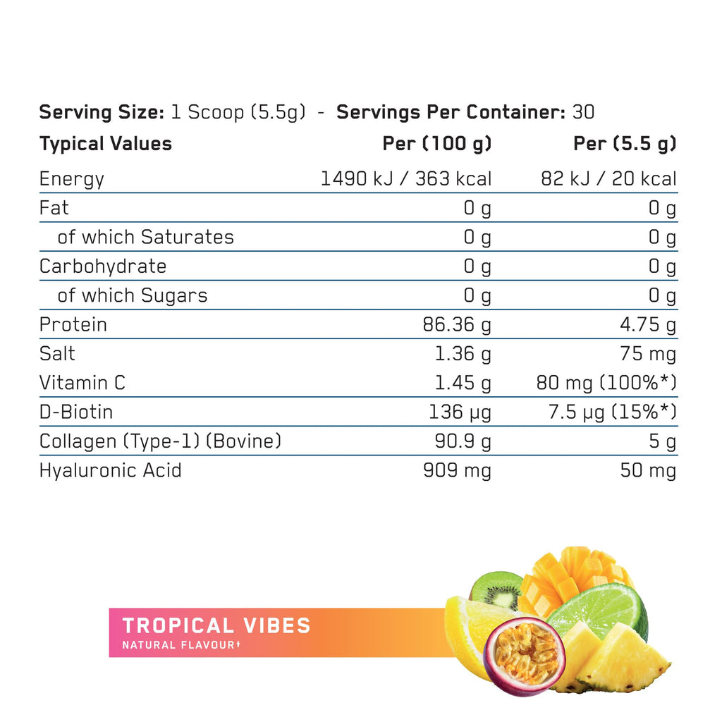 Applied Nutrition Collagen Powder - 5000mg Hydrolysed Bovine Peptides, Vitamin C, Biotin, HA - Tropical Vibes 165g - 30 Servings - New - BBE 09/2026