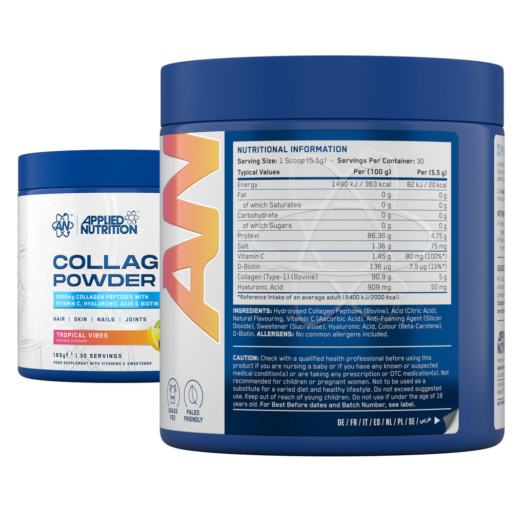 Applied Nutrition Collagen Powder - 5000mg Hydrolysed Bovine Peptides, Vitamin C, Biotin, HA - Tropical Vibes 165g - 30 Servings - New - BBE 09/2026