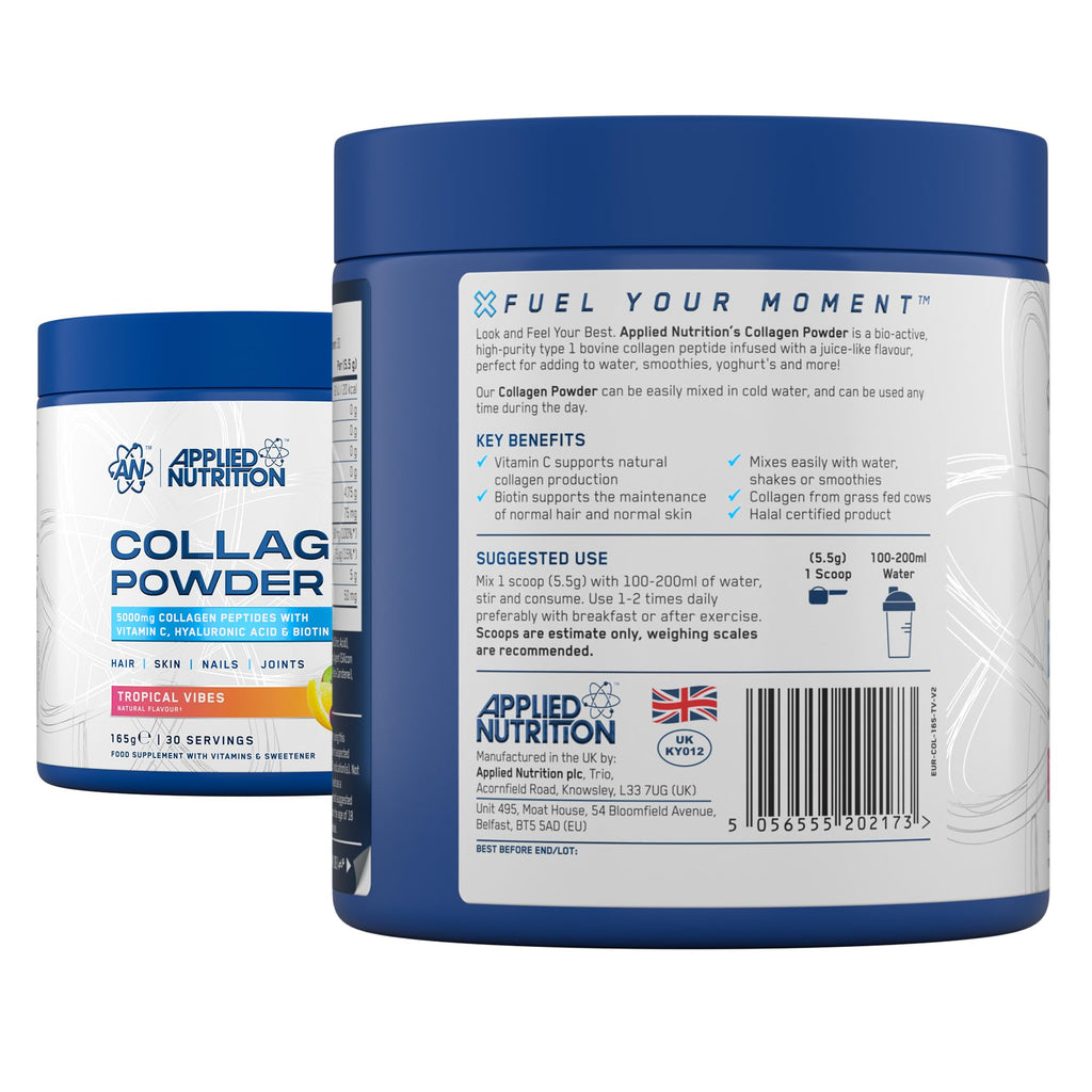 Applied Nutrition Collagen Powder - 5000mg Hydrolysed Bovine Peptides, Vitamin C, Biotin, HA - Tropical Vibes 165g - 30 Servings - New - BBE 09/2026
