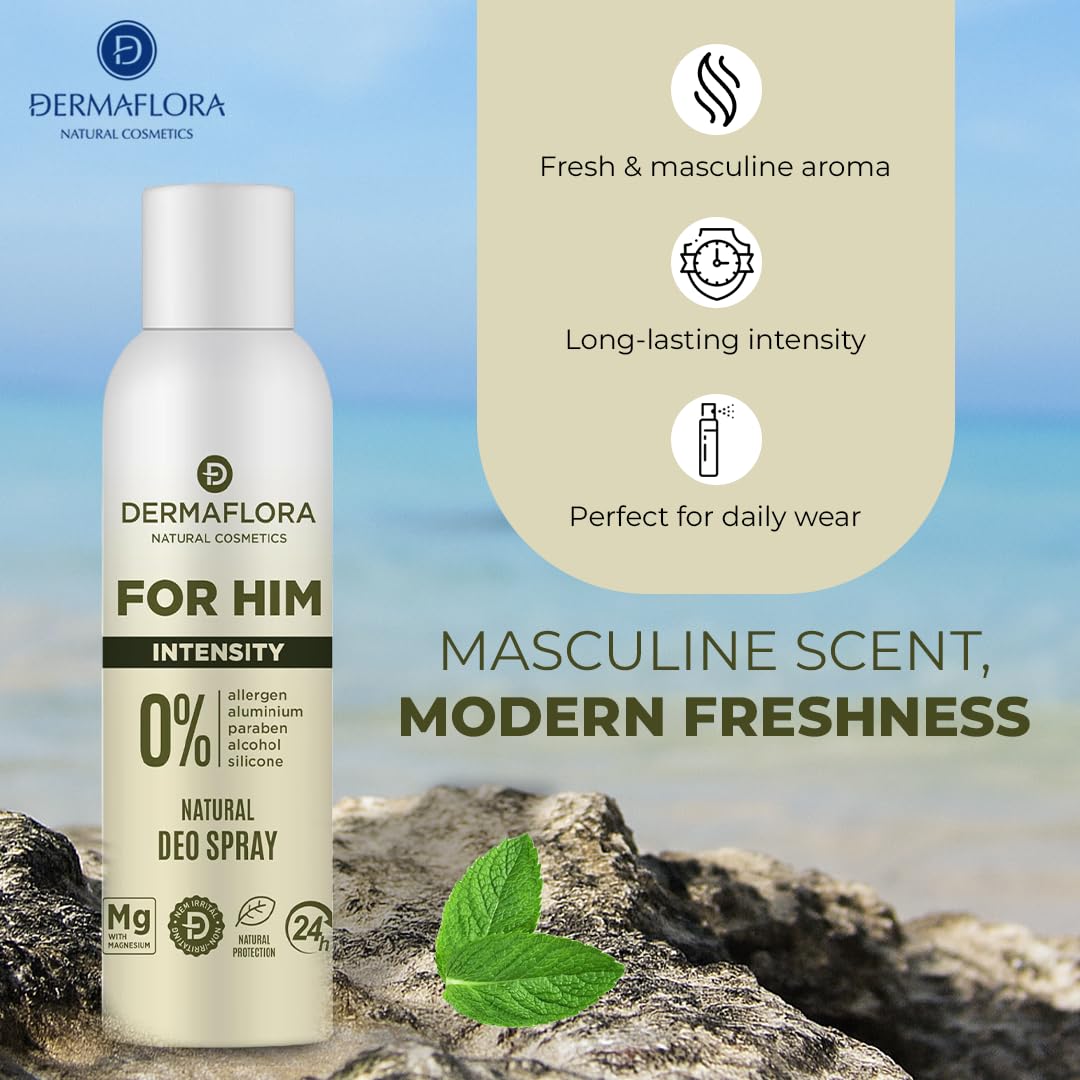 Dermaflora For Him Intensity Deodorant Spray 150ml - Aluminium Free Men's Long-Lasting Odour Protection - New