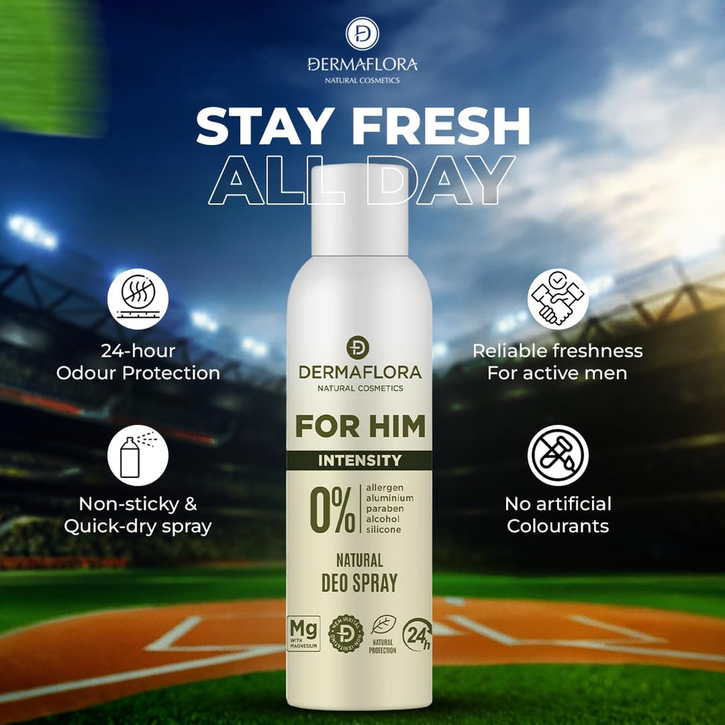Dermaflora For Him Intensity Deodorant Spray 150ml - Aluminium Free Men's Long-Lasting Odour Protection - New