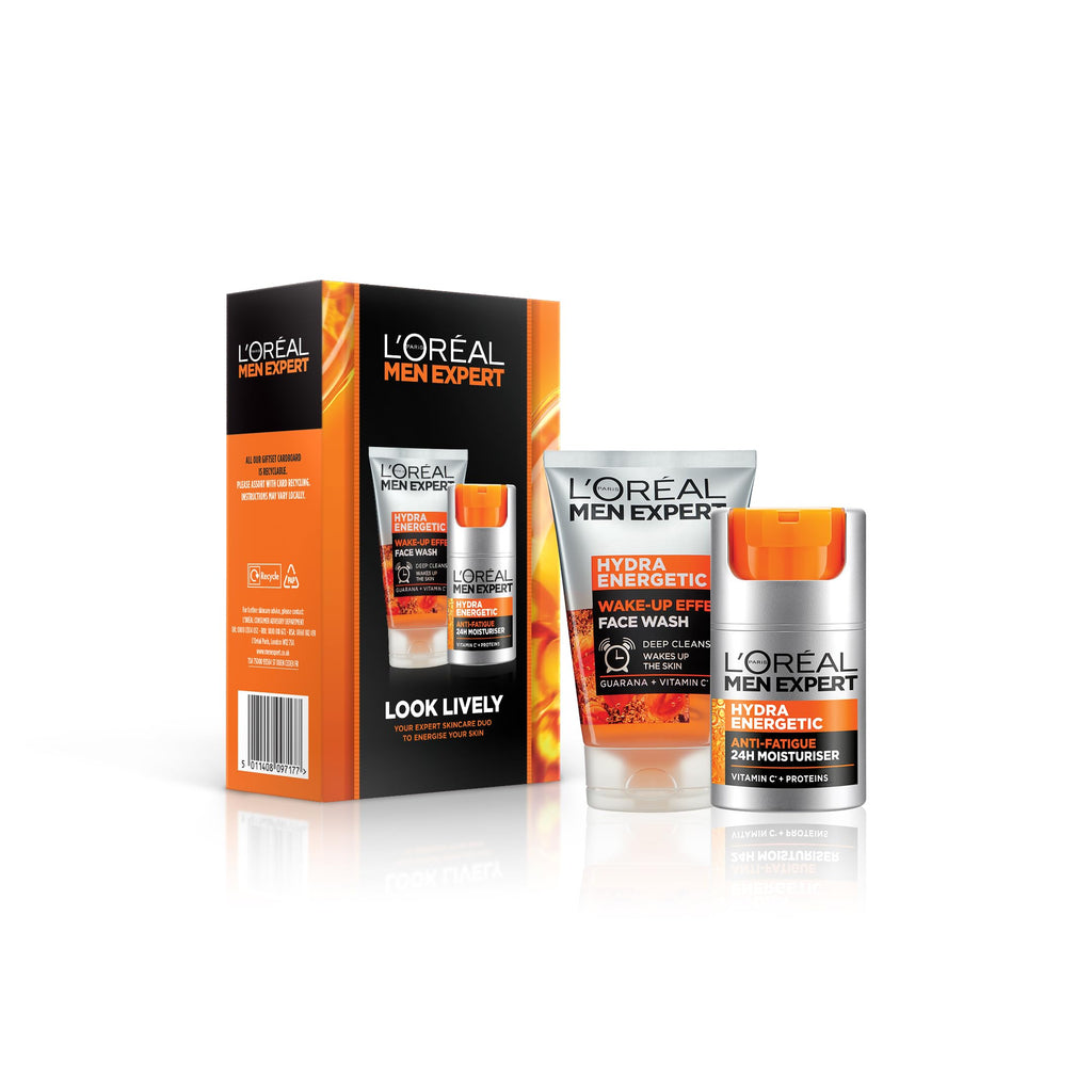 L'Oréal Men Expert Hydra Energetic Gift Set - Anti-Fatigue Moisturiser 50ml & Face Wash 100ml Duo - Vitamin C - Dull Dry Skin - Damaged Box