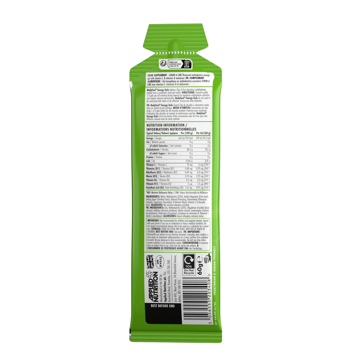 Applied Nutrition BodyFuel Energy Gel - Lemon & Lime, Sugar Free, Carbs, Sport Fuel 20x 60g Units - Damaged Box - BBE 05/2028