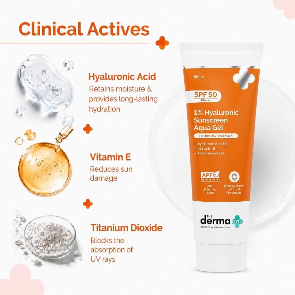 The Derma Co 1% Hyaluronic Gel Sun Cream SPF 50 - Factor 50 Face Sunscreen, No White Cast, Lightweight, 80g - New