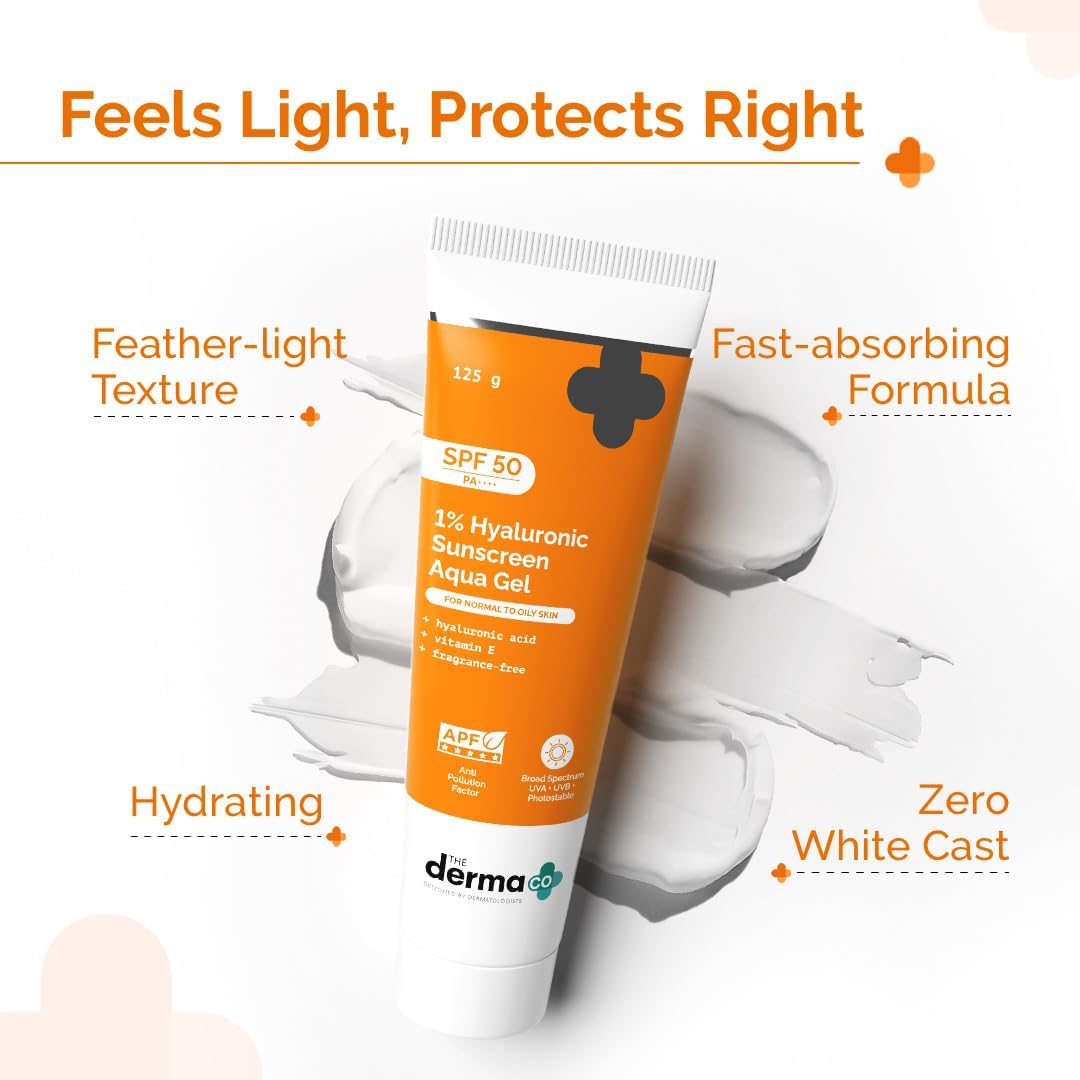 The Derma Co 1% Hyaluronic Gel Sun Cream SPF 50 - Factor 50 Face Sunscreen, No White Cast, Lightweight, 80g - New