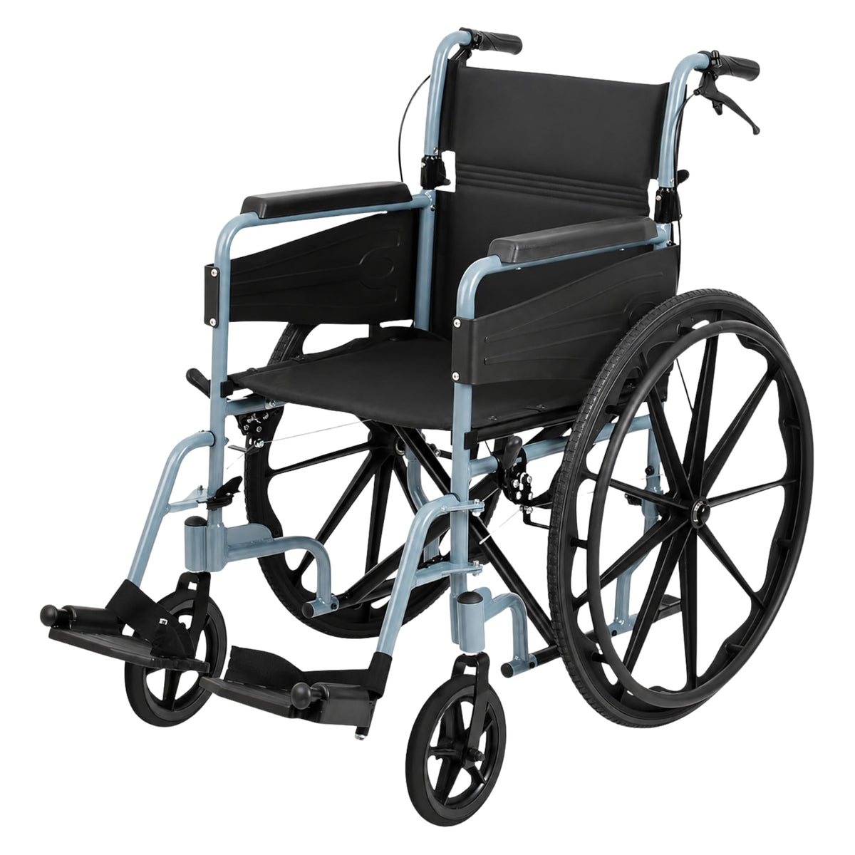 Days Self Propelled Folding Wheelchair - Lightweight Aluminium Adult Mobility Aid - Removable Footrests - Silver/Blue Compact Travel Chair - Damaged Box