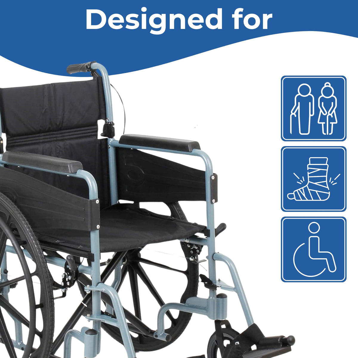 Days Self Propelled Folding Wheelchair - Lightweight Aluminium Adult Mobility Aid - Removable Footrests - Silver/Blue Compact Travel Chair - Damaged Box