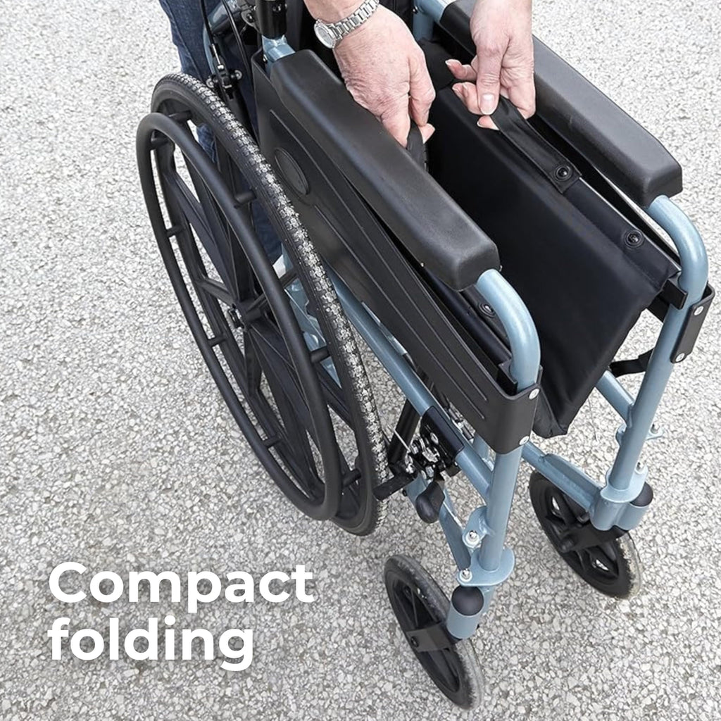 Days Self Propelled Folding Wheelchair - Lightweight Aluminium Adult Mobility Aid - Removable Footrests - Silver/Blue Compact Travel Chair - Damaged Box