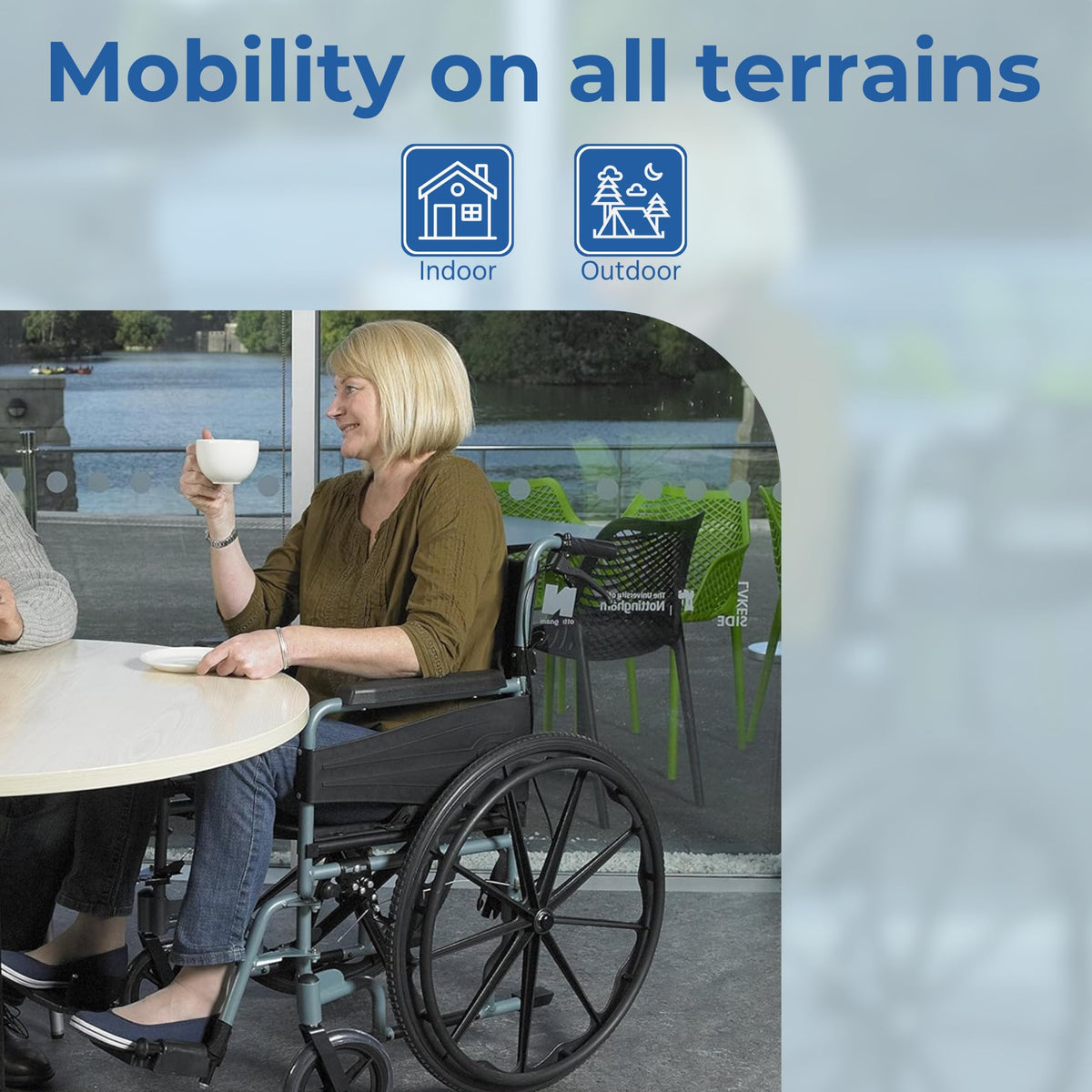 Days Self Propelled Folding Wheelchair - Lightweight Aluminium Adult Mobility Aid - Removable Footrests - Silver/Blue Compact Travel Chair - Damaged Box