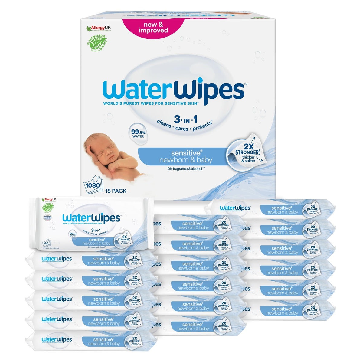 WaterWipes Sensitive+ Newborn & Baby W Wipes - 99.9% Water, Unscented - 18 Pack Bulk Baby Wipes - BBE 05/2028