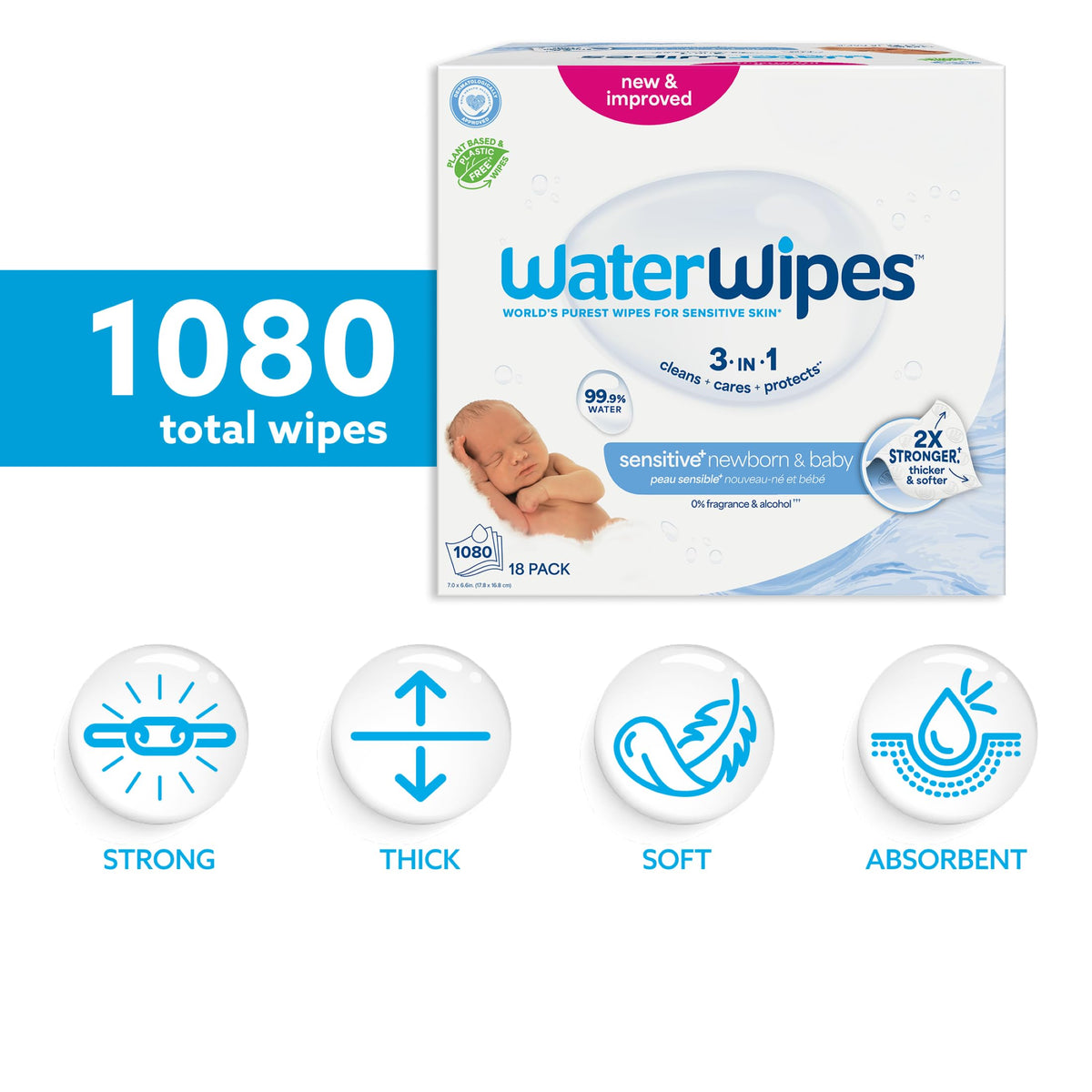 WaterWipes Sensitive+ Newborn & Baby W Wipes - 99.9% Water, Unscented - 18 Pack Bulk Baby Wipes - BBE 05/2028