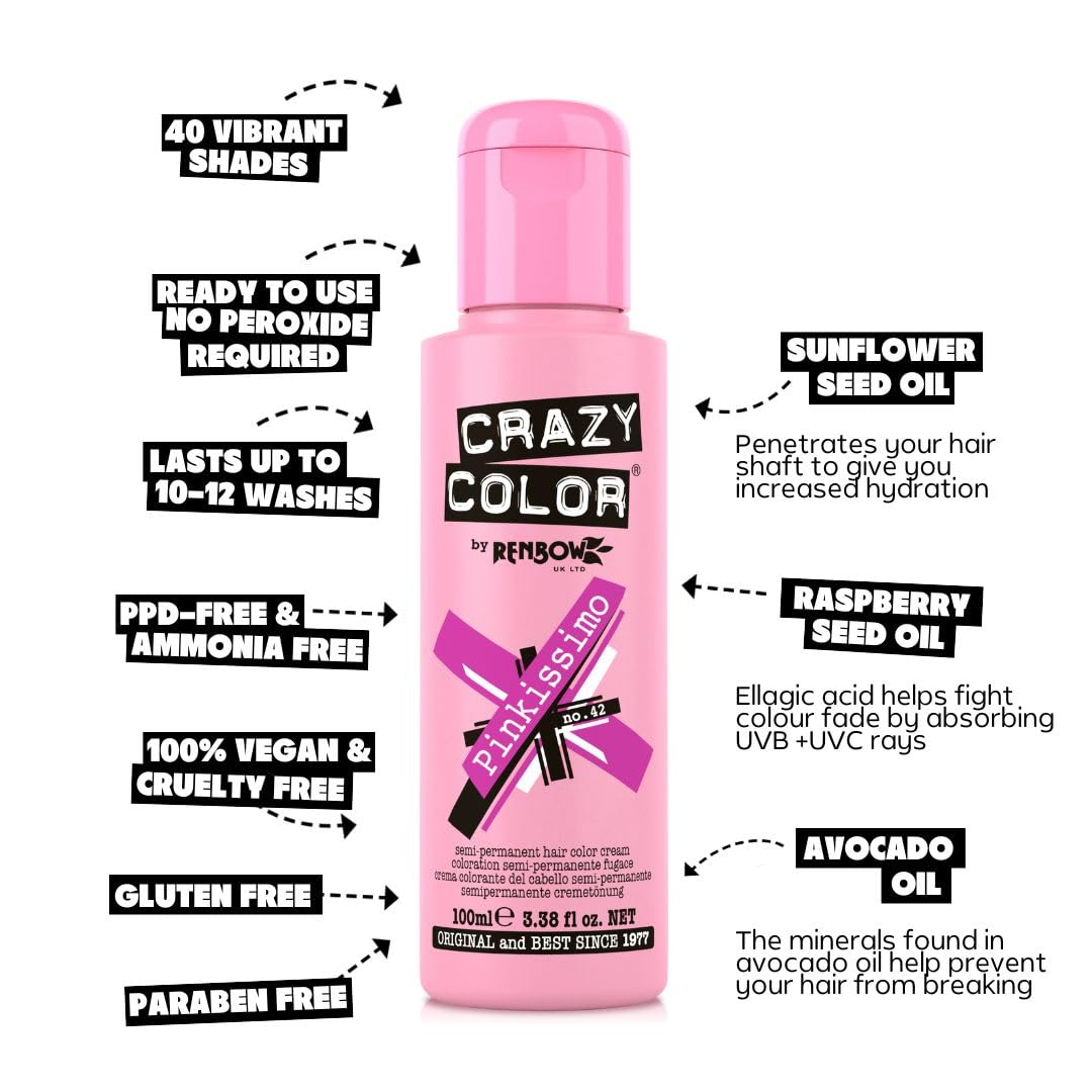 Crazy Color Pinkissimo Pink Hair Dye 100ml - Semi-Permanent Hair Colour Tint - Vegan Cruelty-Free - New