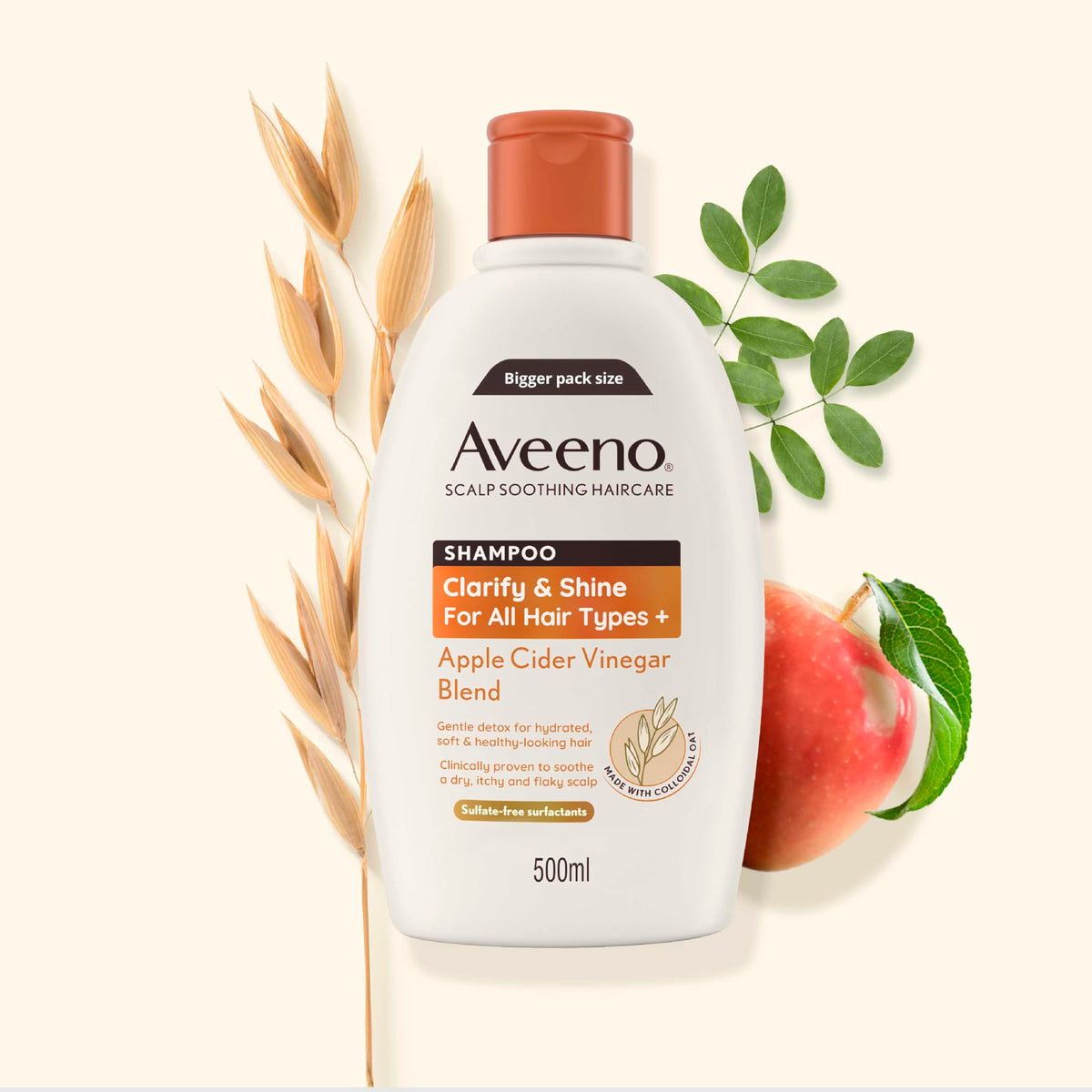 Aveeno Clarify & Shine Shampoo - Apple Cider Vinegar Blend - Soothes Dry Itchy Flaky Scalp - Sulfate Free - 500ml - New