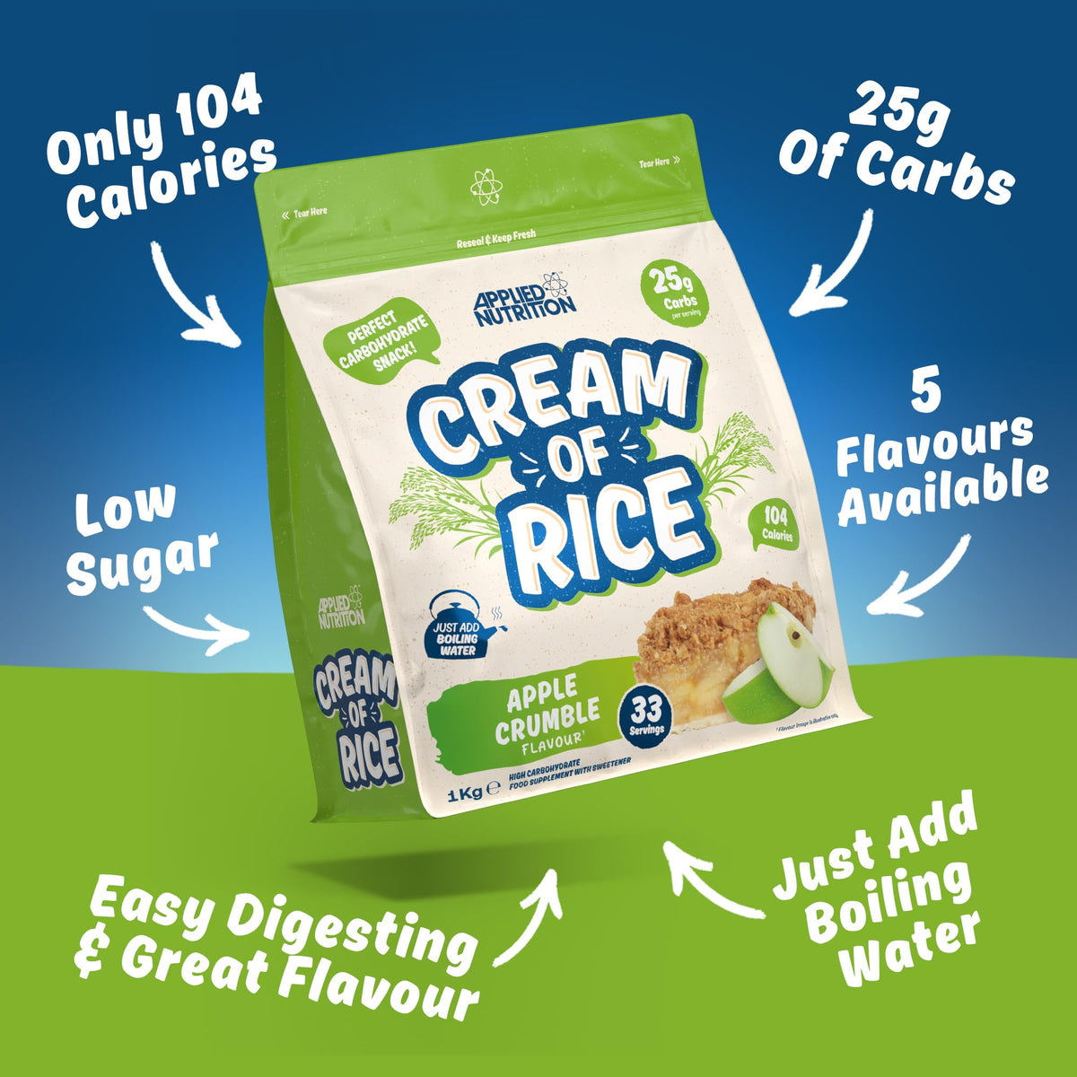 Applied Nutrition Cream of Rice - 1kg Apple Crumble - High Carb Vegan Energy Supplement Breakfast Snack Low Sugar Fat - New - BBE 05/2028