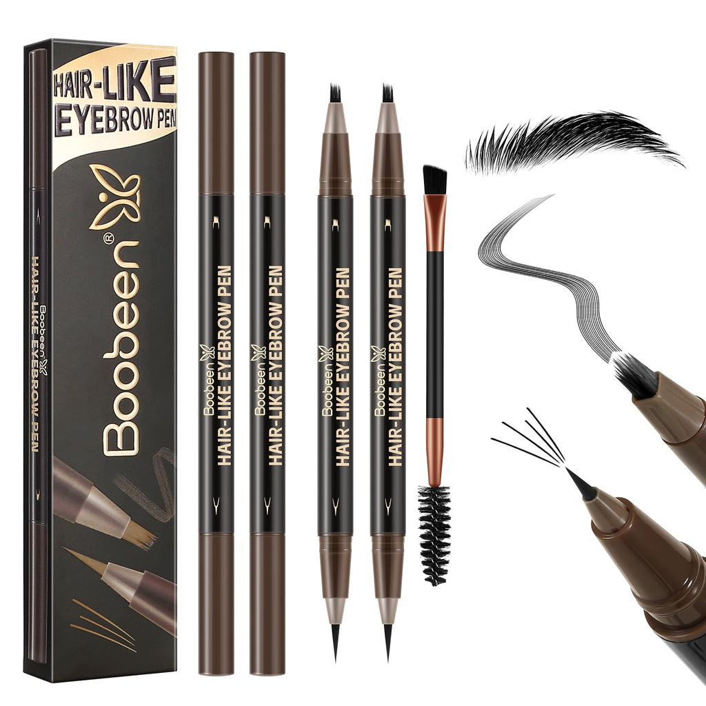 Boobeen Waterproof Eyebrow Pen - Dual-Ended Eyeliner Brow Pencil with Brush - Long Lasting Hair-Like - Dark Brown - 2 Pack - New