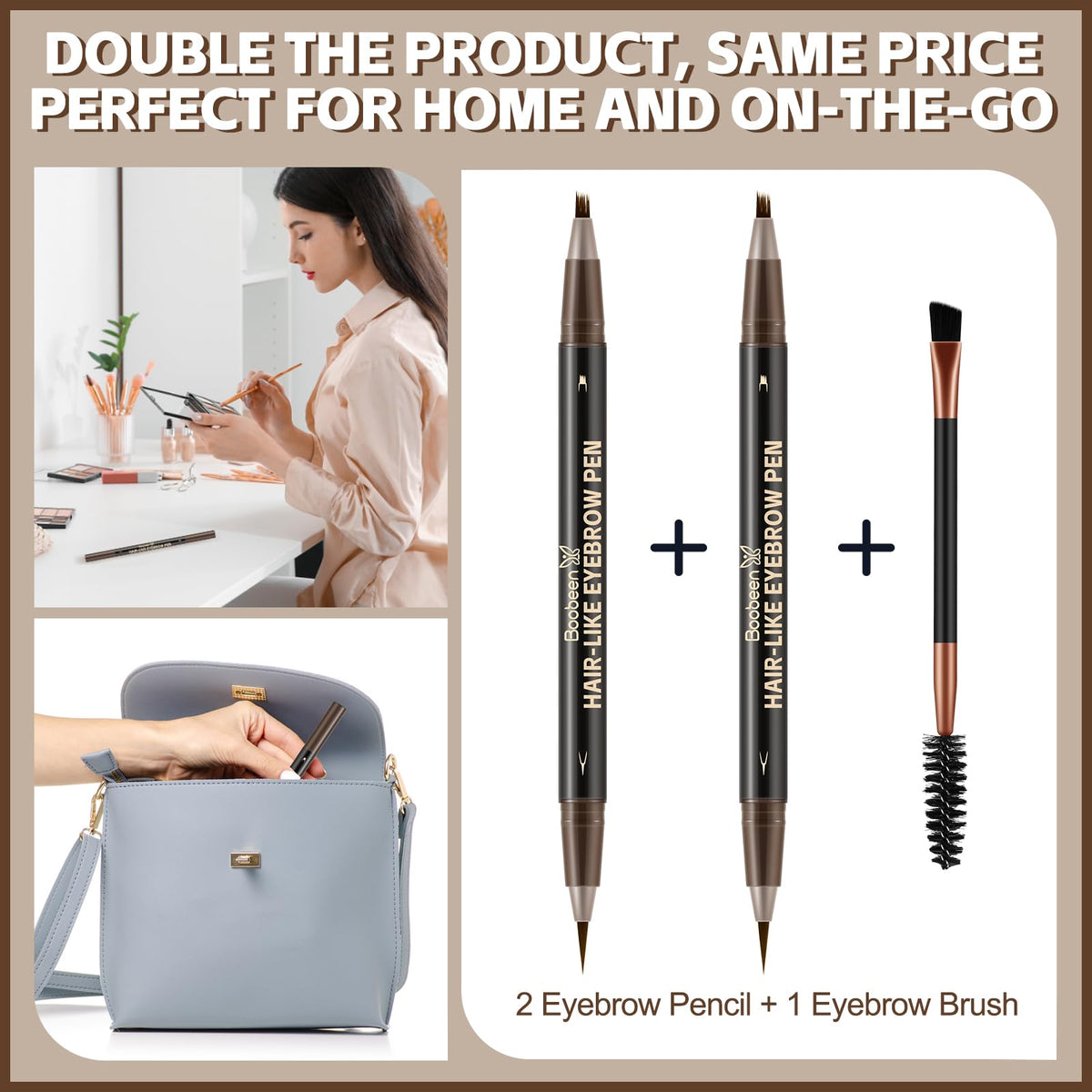 Boobeen Waterproof Eyebrow Pen - Dual-Ended Eyeliner Brow Pencil with Brush - Long Lasting Hair-Like - Dark Brown - 2 Pack - New