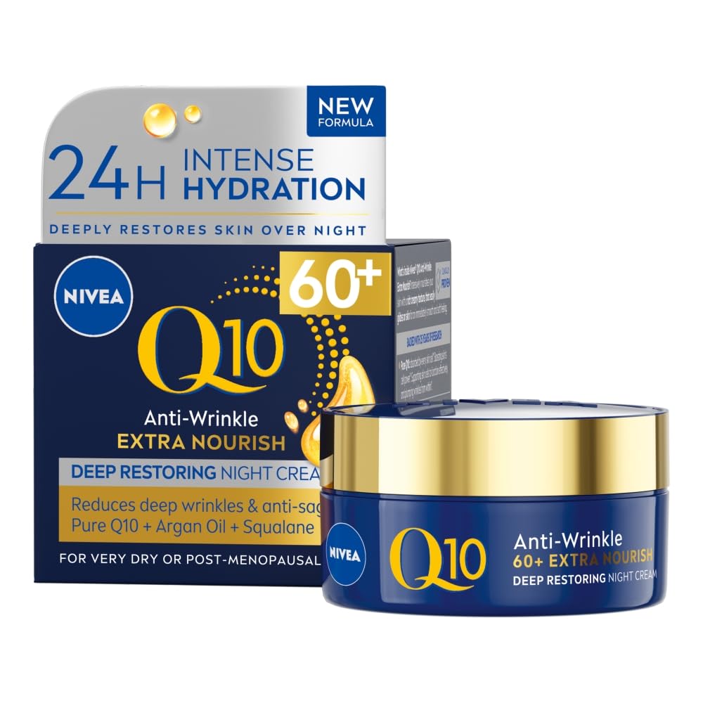 NIVEA Q10 Anti-Wrinkle 60+ Extra Nourishing Night Cream 50ml - Deeply Restoring Face Cream for Dry Skin - Damaged Box