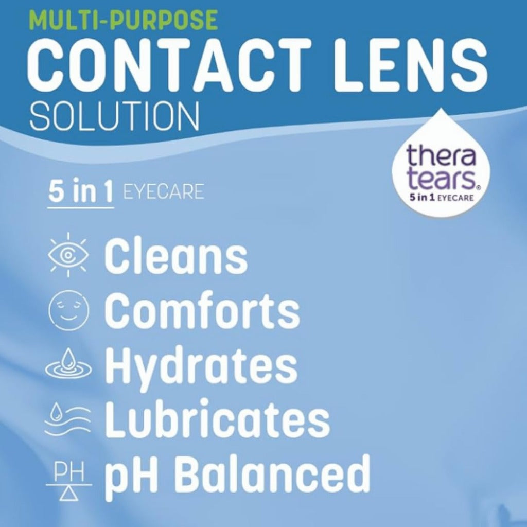 TheraTears Multi-Purpose Contact Lens Solution 360ml - Daily Cleaner & Disinfectant for Soft Lenses - Damaged Box - BBE 03/2028