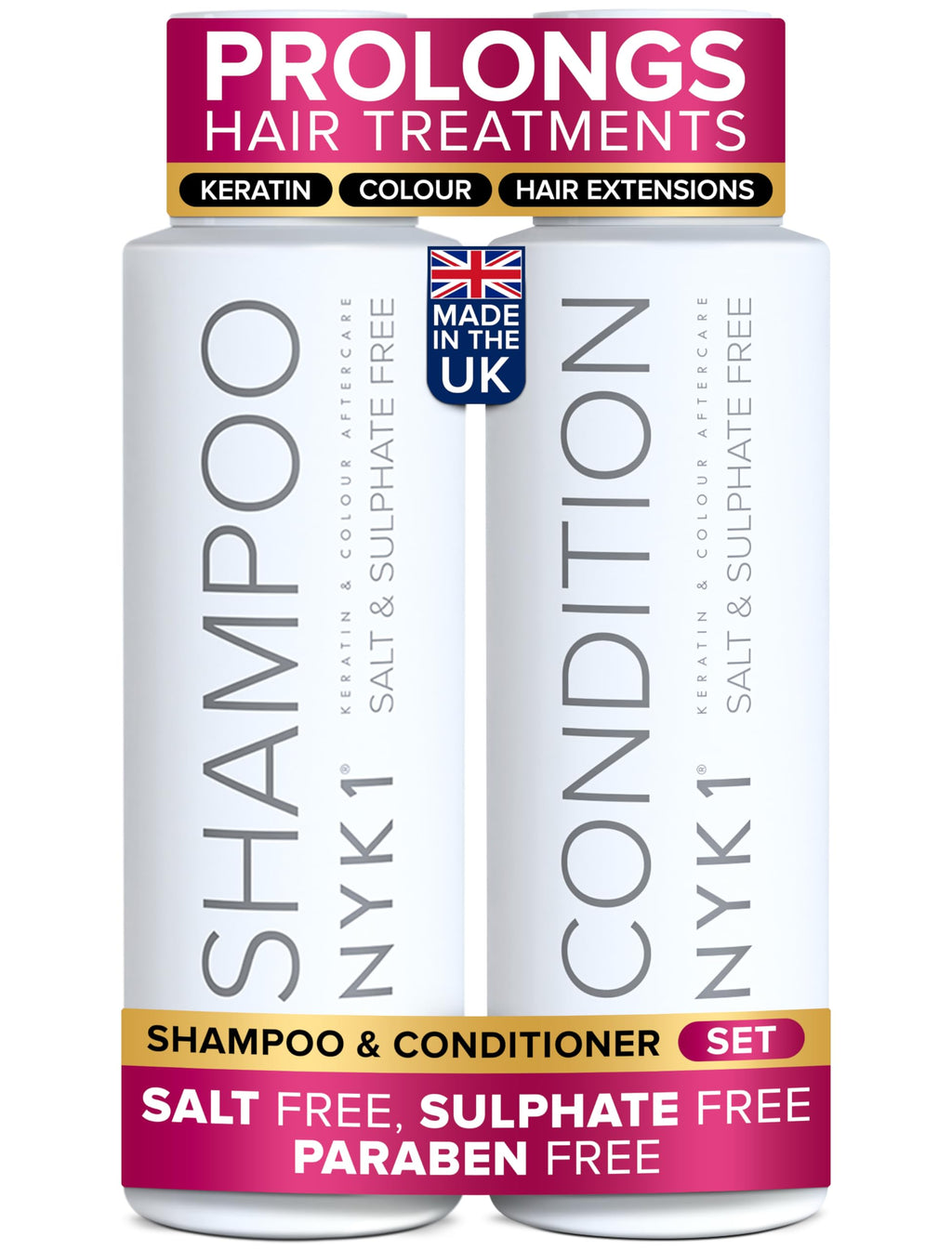 NYK1 Salt & Sulphate Free Hair Shampoo & Conditioner Set 500ml x2 - Vegan Friendly Colour Safe - New