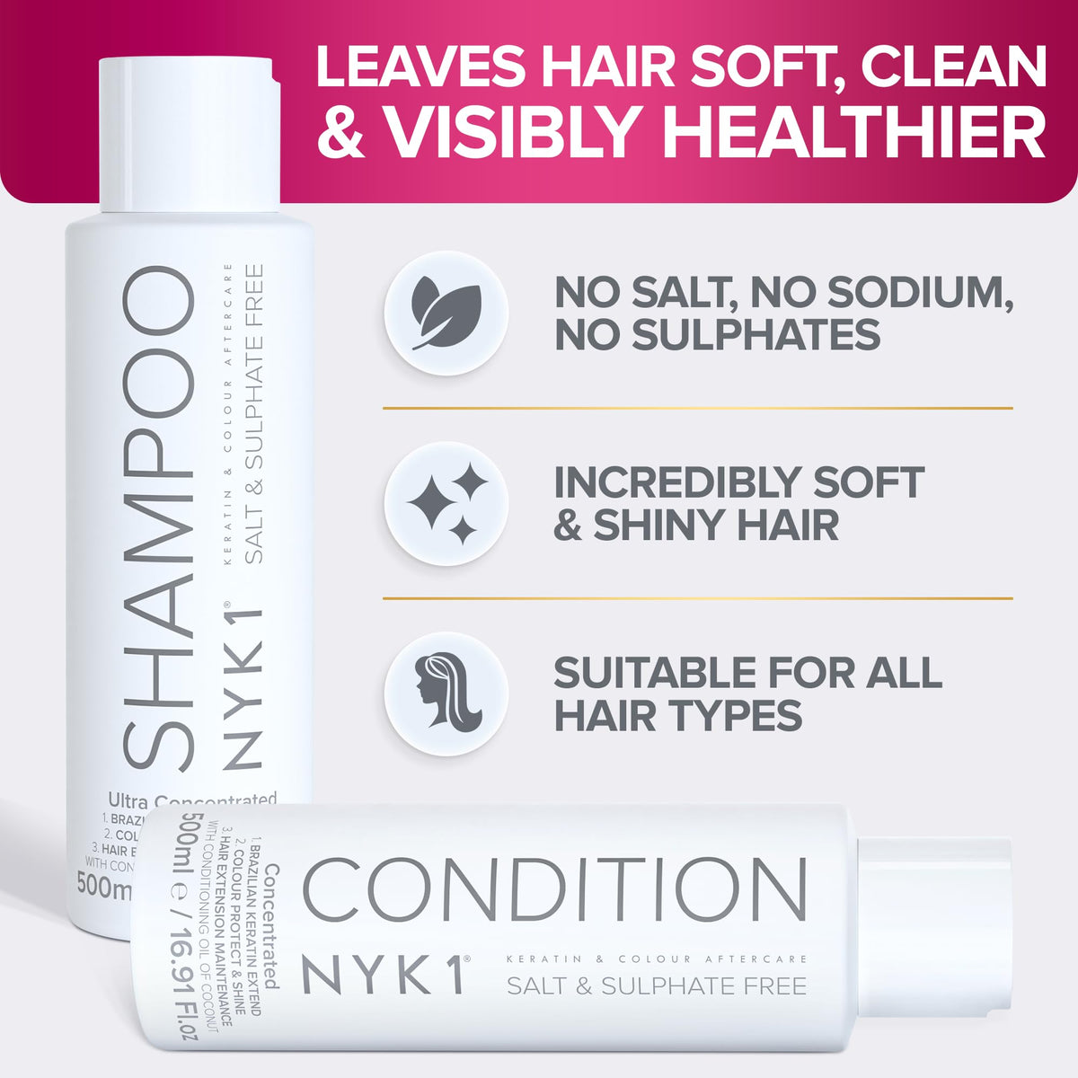NYK1 Salt & Sulphate Free Hair Shampoo & Conditioner Set 500ml x2 - Vegan Friendly Colour Safe - New