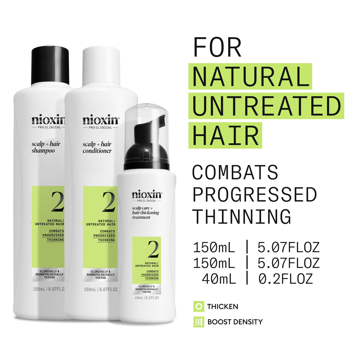 Nioxin System 2 Scalp & Hair Thickening Kit - Shampoo, Conditioner, Treatment - Natural Hair, Progressed Thinning 150+150+40ml - Damaged Box