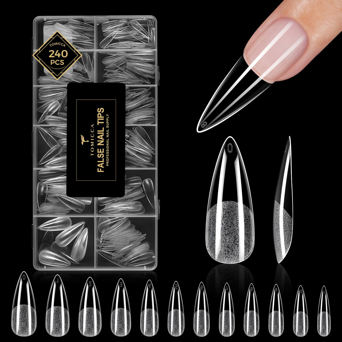 TOMICCA Long Almond Clear Press On Nails - 240pcs 12 Sizes Full Cover Nail Tips, Pre-shaped Half Matte Acrylic Kit - New