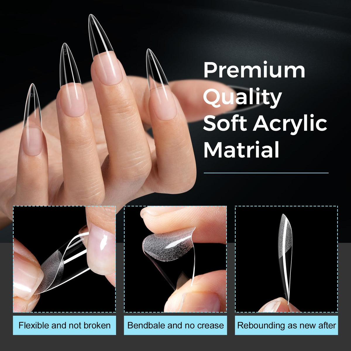 TOMICCA Long Almond Clear Press On Nails - 240pcs 12 Sizes Full Cover Nail Tips, Pre-shaped Half Matte Acrylic Kit - New