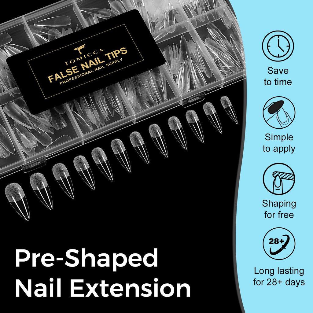 TOMICCA Long Almond Clear Press On Nails - 240pcs 12 Sizes Full Cover Nail Tips, Pre-shaped Half Matte Acrylic Kit - New