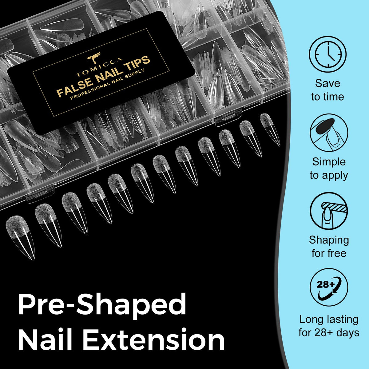 TOMICCA Long Almond Clear Press On Nails - 240pcs 12 Sizes Full Cover Nail Tips, Pre-shaped Half Matte Acrylic Kit - New