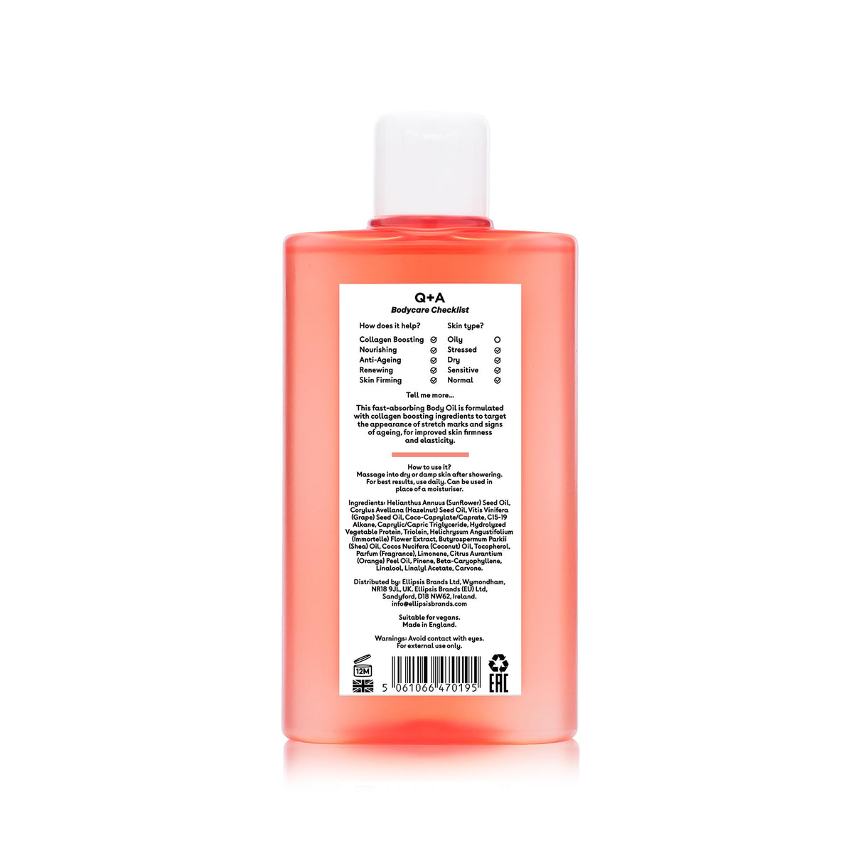 Q+A Collagen Body Oil 150ml - Nourishing Body Moisturiser for Skin Hydration & Firming - New