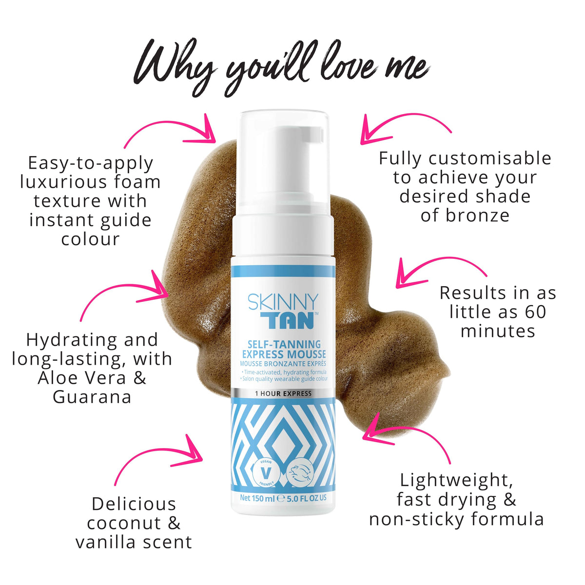 Skinny Tan Express Mousse - 1 Hour Fake Tan - Hydrating Coconut Water - Streak Free Self Tan - Vegan - 150ml - Damaged Box