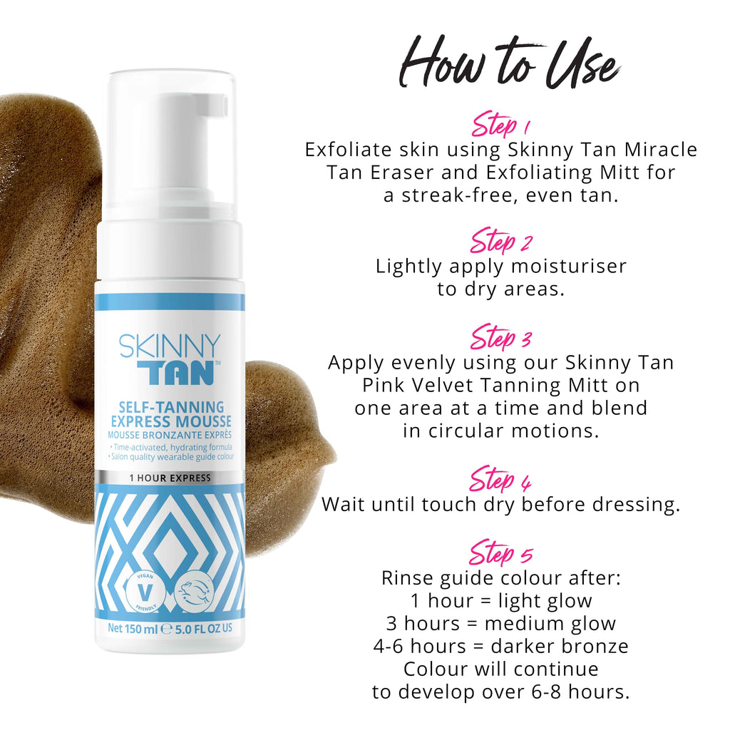 Skinny Tan Express Mousse - 1 Hour Fake Tan - Hydrating Coconut Water - Streak Free Self Tan - Vegan - 150ml - Damaged Box
