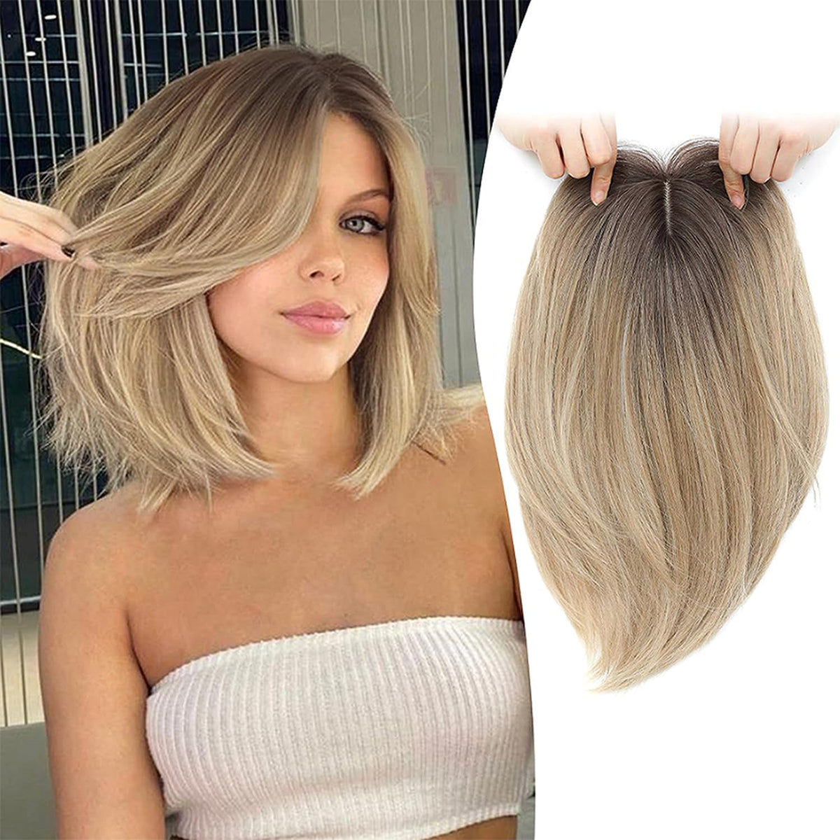 MORICHY Hair Topper for Thinning Hair - 6.5x6.5" Large Base Synthetic Hair Extension - Ombre Blonde with Dark Root Clip-in Fringe - Damaged Box