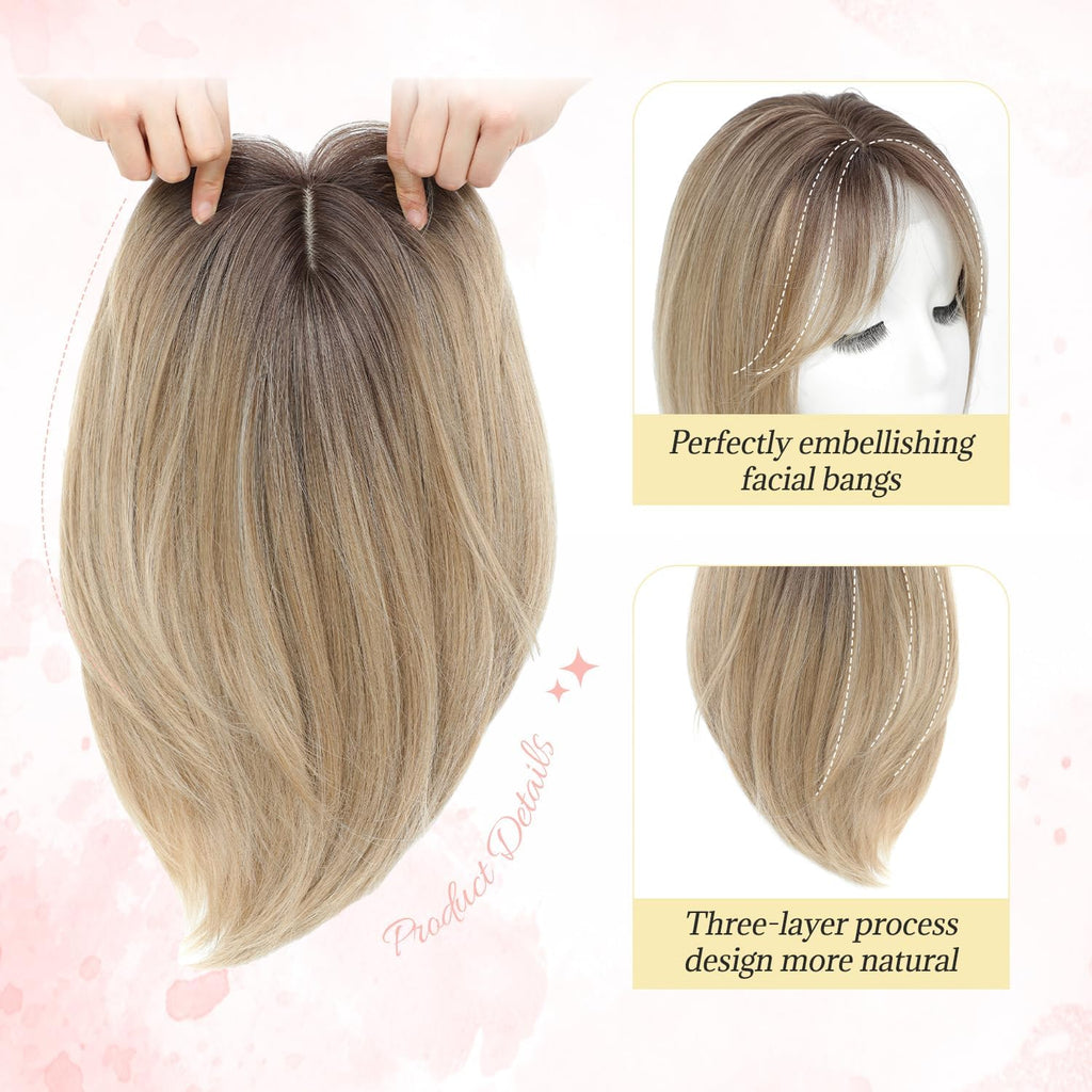 MORICHY Hair Topper for Thinning Hair - 6.5x6.5" Large Base Synthetic Hair Extension - Ombre Blonde with Dark Root Clip-in Fringe - Damaged Box