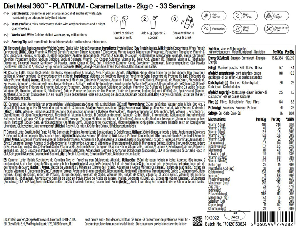 Protein Works Diet Meal 360 Platinum - Caramel Latte 2kg - High Protein Weight Loss Shake Powder - New - BBE 06/2027
