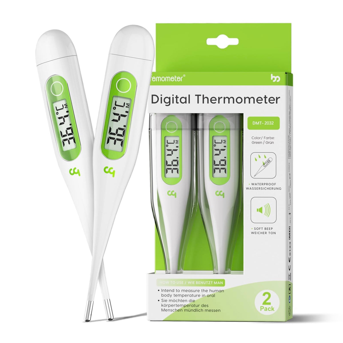 Digital Thermometer - Oral Body Temperature for Adults, Kids & Babies - Accurate, Fast, Switchable - Green - 2 Pack - Damaged Box