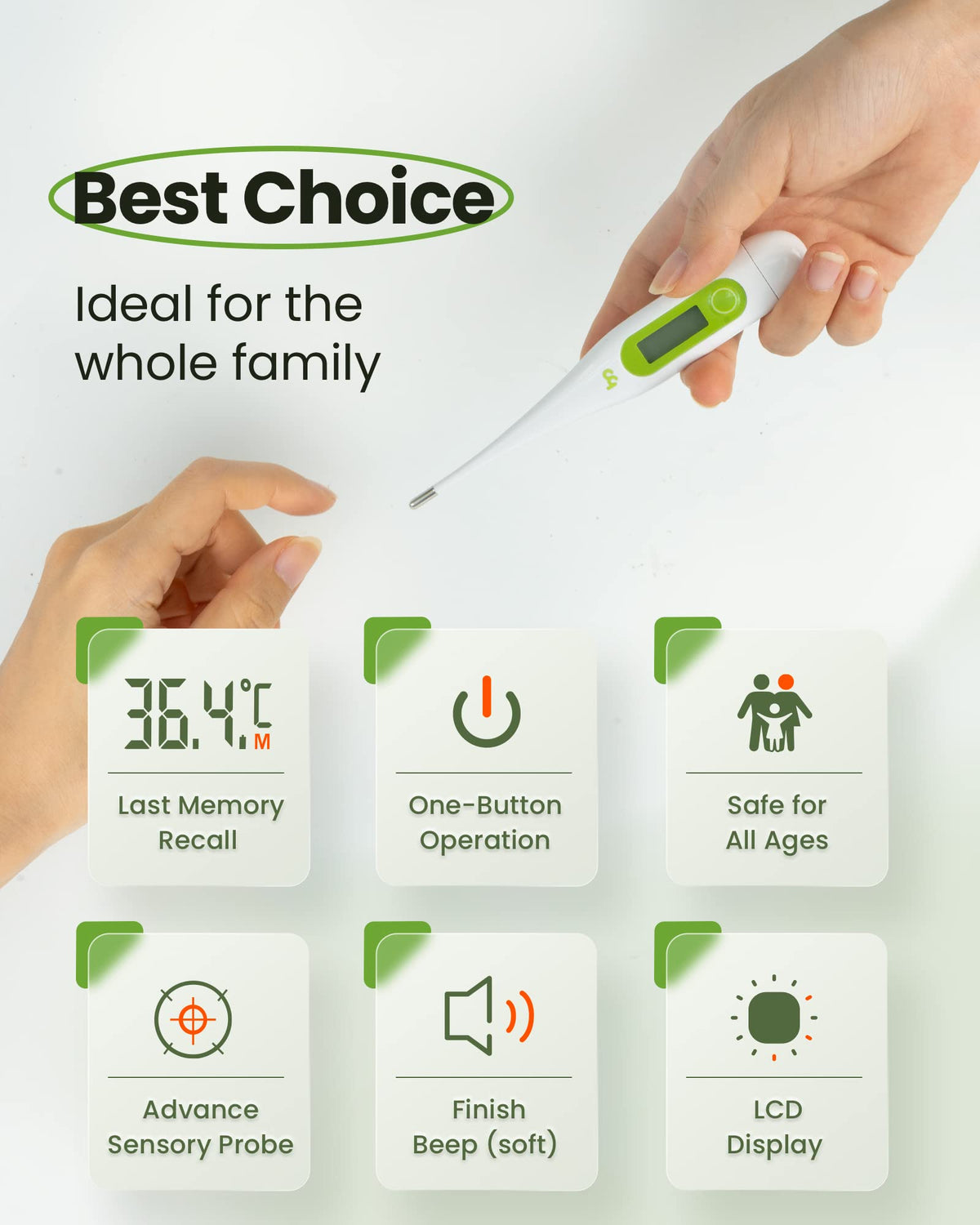 Digital Thermometer - Oral Body Temperature for Adults, Kids & Babies - Accurate, Fast, Switchable - Green - 2 Pack - Damaged Box