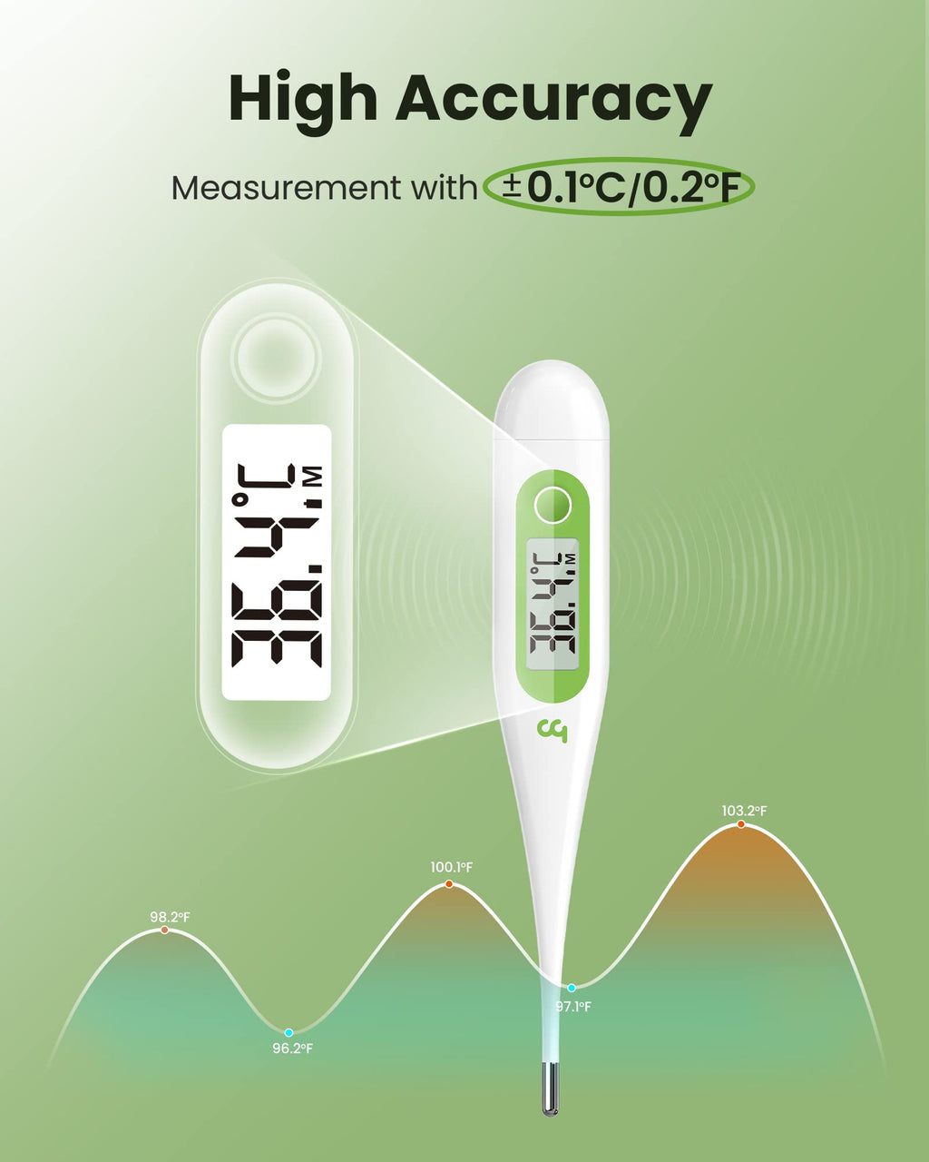 Digital Thermometer - Oral Body Temperature for Adults, Kids & Babies - Accurate, Fast, Switchable - Green - 2 Pack - Damaged Box