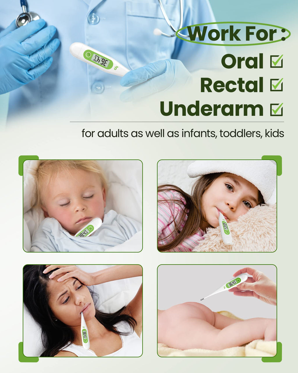 Digital Thermometer - Oral Body Temperature for Adults, Kids & Babies - Accurate, Fast, Switchable - Green - 2 Pack - Damaged Box