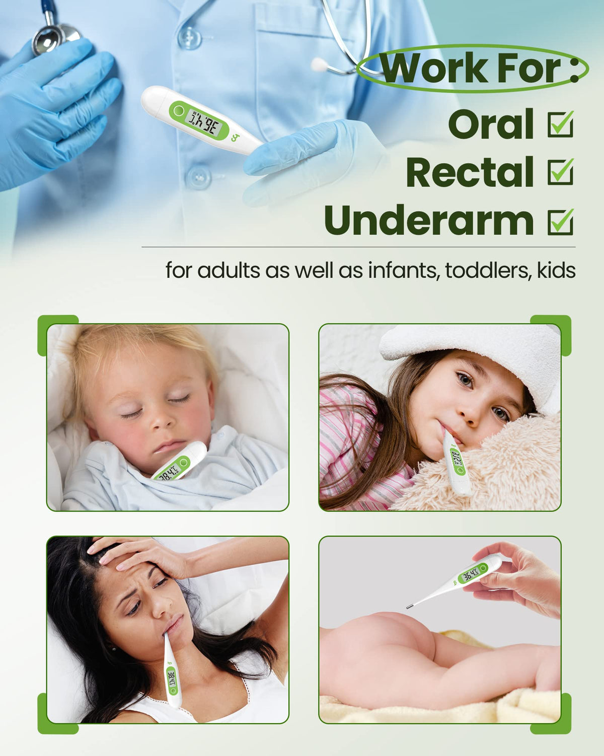 Digital Thermometer - Oral Body Temperature for Adults, Kids & Babies - Accurate, Fast, Switchable - Green - 2 Pack - Damaged Box