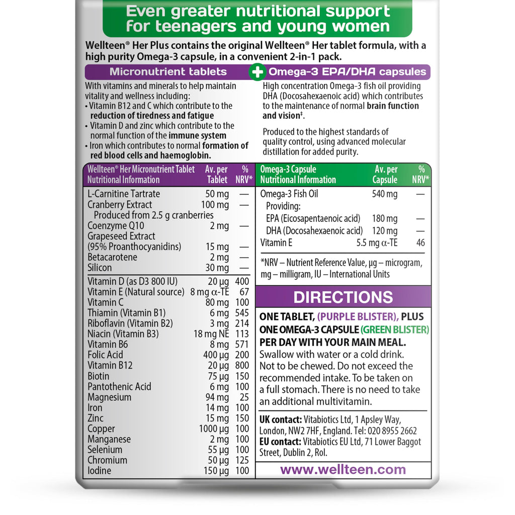 Vitabiotics Wellteen Her Plus - 56 Tablets/Capsules, 56 Count - Teen Girl Vitamins & Minerals Supplement - Damaged Box - BBE 08/2028