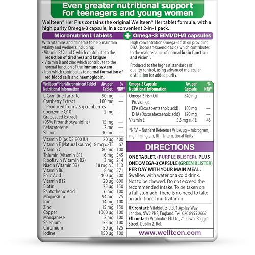 Vitabiotics Wellteen Her Plus - 56 Tablets/Capsules, 56 Count - Teen Girl Vitamins & Minerals Supplement - Damaged Box - BBE 08/2028