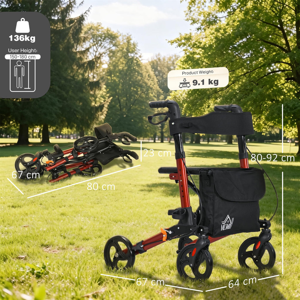 HOMCOM Rollator Walker with Seat - Compact Folding Mobility Aid - 8" Wheels - Red - Very Good