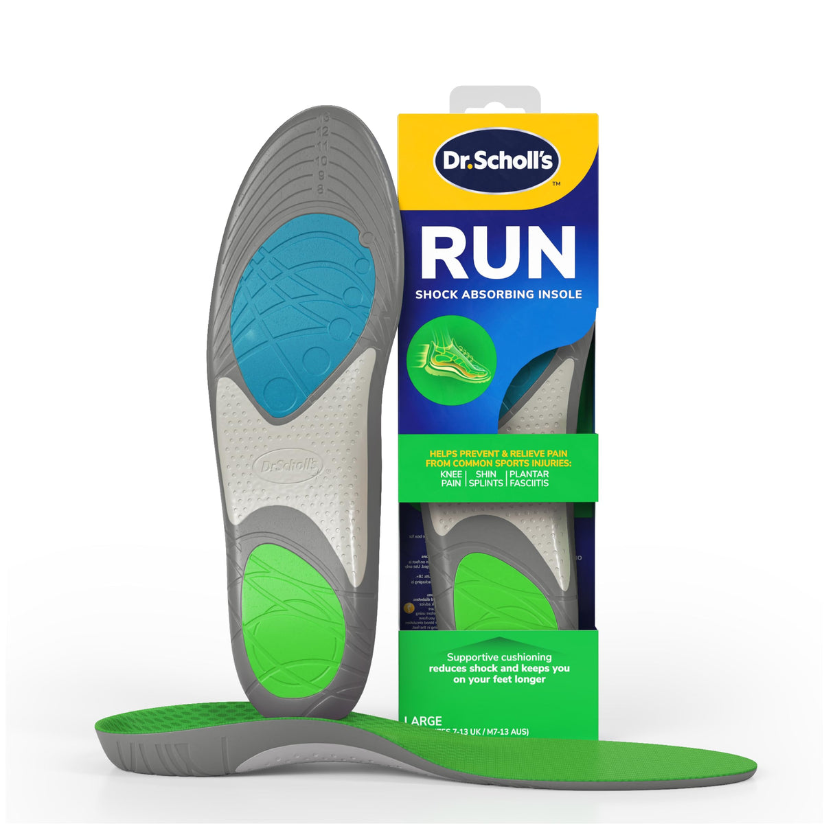 Dr. Scholl's Run Shock Absorbing Insoles - Arch Support for Running, Jogging - UK Shoe Size 7-13 - Knee Pain, Shin Splints, Plantar - Damaged Box
