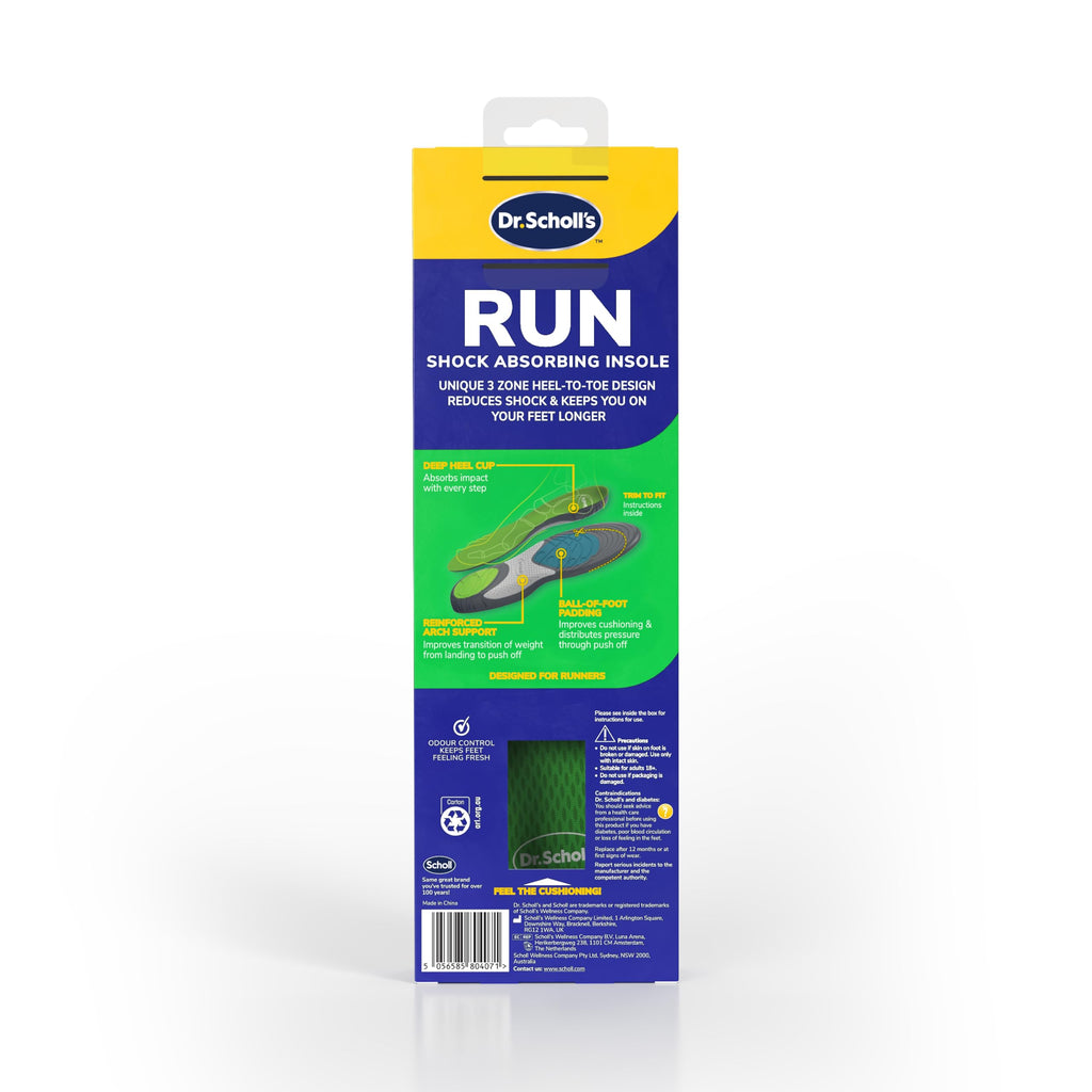 Dr. Scholl's Run Shock Absorbing Insoles - Arch Support for Running, Jogging - UK Shoe Size 7-13 - Knee Pain, Shin Splints, Plantar - Damaged Box