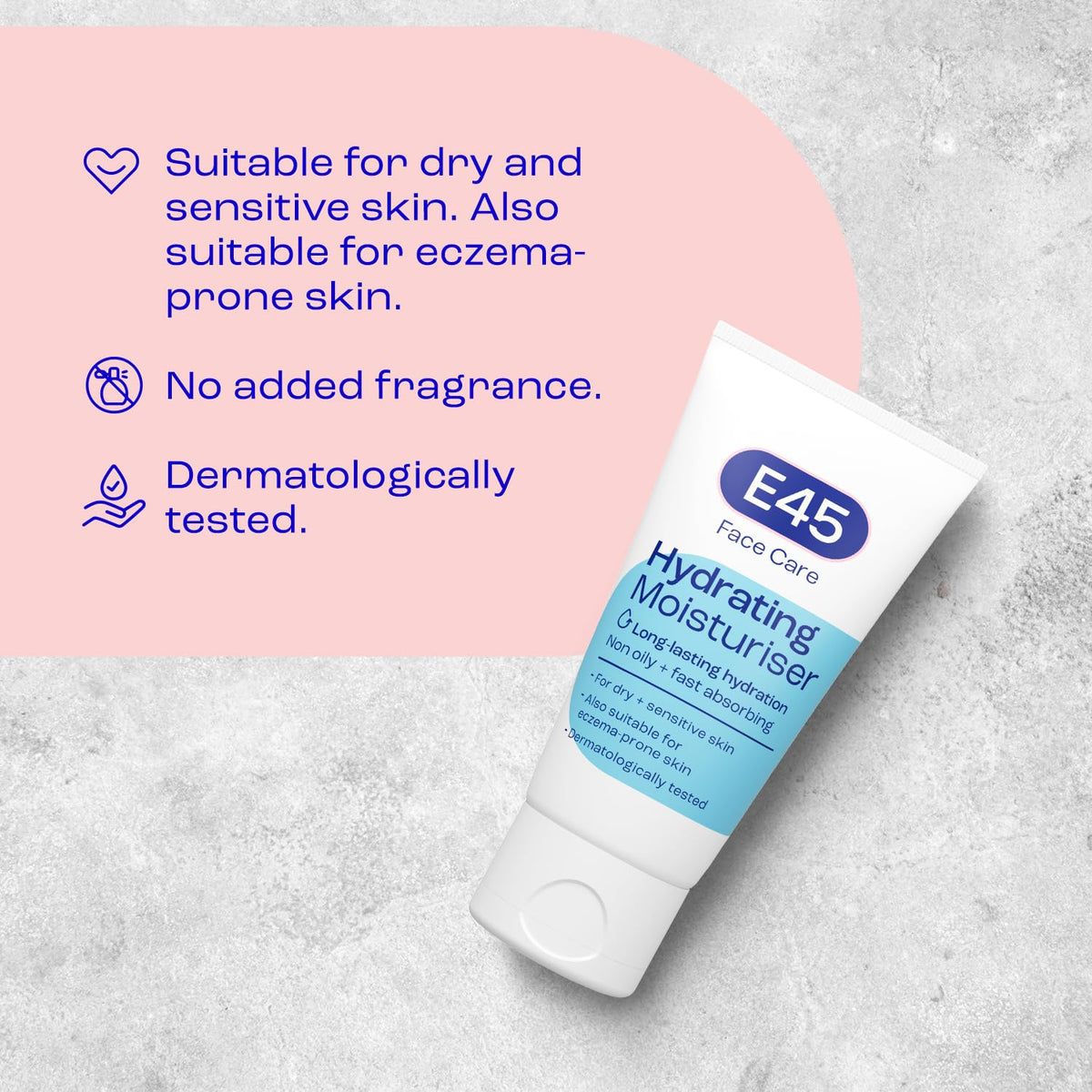 E45 Face Moisturiser - Hydrating Cream for Dry Sensitive Skin - Fast-Absorbing, Non-Greasy - Dermatologically Tested 50ml - Damaged Box - BBE 06/2027